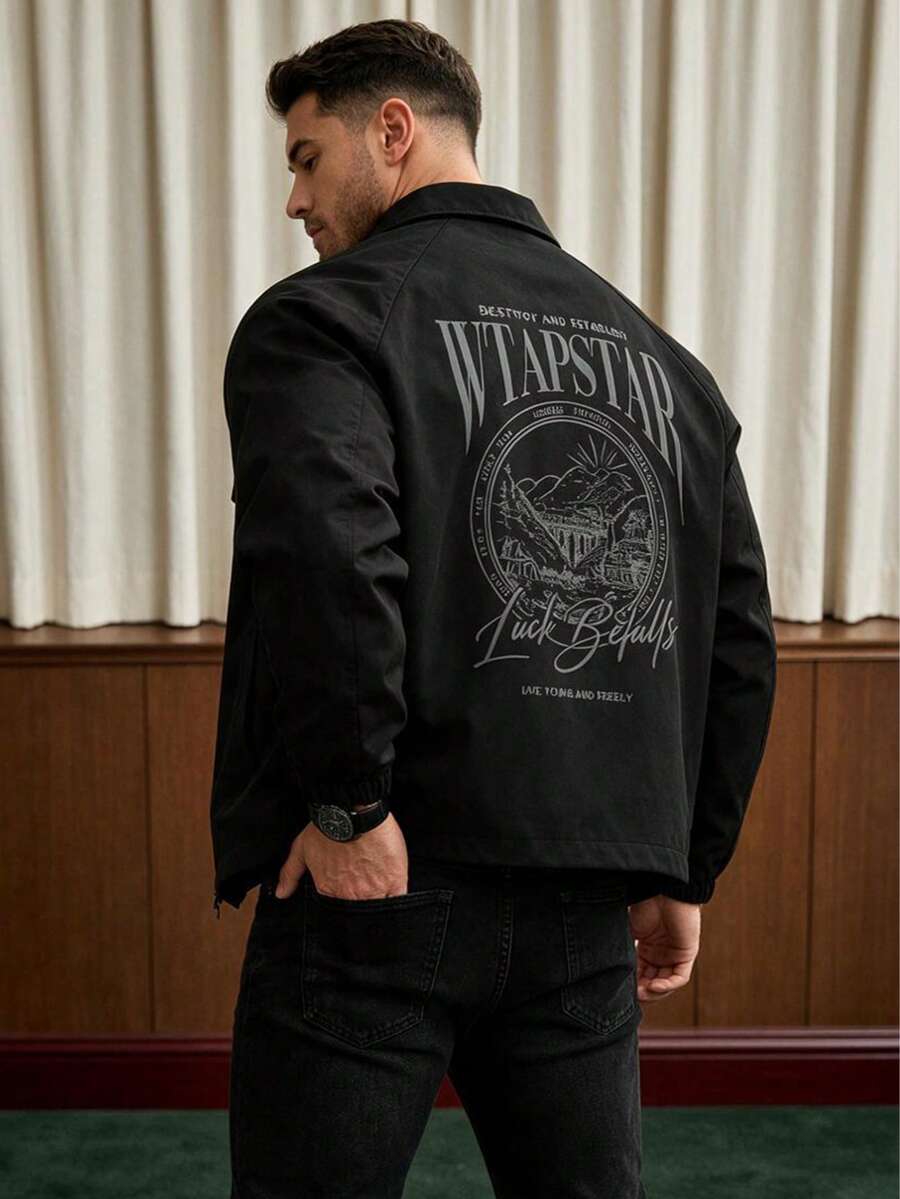Men's Fashion Street Style Long Sleeve Turndown Collar Printed Solid Color Casual Jacket Outerwear, Autumn Winter, For Fall, Grunge - Black - View 1