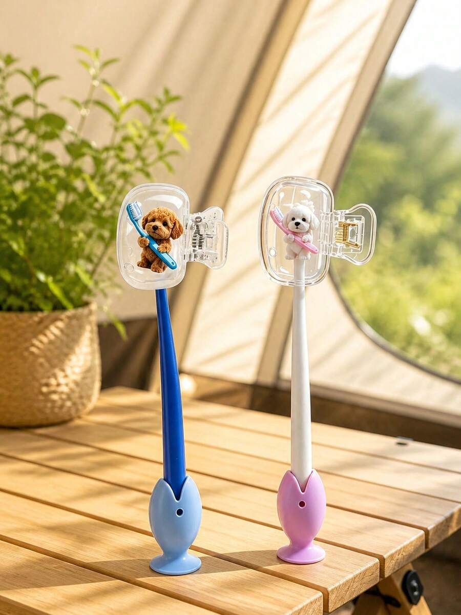 Cute Brown And White Teddy Dog Holding Toothbrush Pattern Printed Portable Toothbrush Head Cover, Storage Box, Toothbrush Protective Cap Holder, Essential Bathroom Accessory For Home, Business Travel, Daily Use And Outdoor Travel, Portable Toothbrush, Back To School Gift, Teacher Gift, Couple Toothbrush Set, Back To School Gift. - Multicolor - View 1