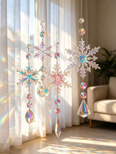 1pc Iridescent Snowflake Crystal Sun Catcher, Rainbow Prism Snowflake Hanging Ornament, Can Be Hung On Windows, Balconies, Gardens, Aesthetic Home Wall Decor For Indoor Bedroom Living Room, Ceiling Light Catcher, Christmas & Winter Festival Gift