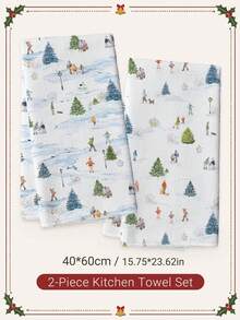 2pcs Christmas Winter Ski Resort Christmas Tree Pattern Kitchen Towels, Soft Polyester Material Dish Cloths, Suitable For Kitchen Decor, Kitchen Cleaning, Holiday Party Decoration, Kitchen Bathroom Supplies Home Essentials, Home Decor, Housewarming Gift - Multicolor - View 8