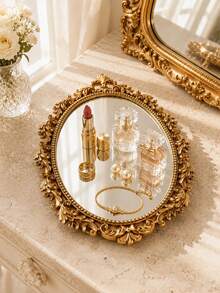 Vintage Gold Oval Mirror Jewelry Tray, Baroque Carved Vanity Storage Box, Suitable For Rings, Earrings, Necklaces And Bracelets - Multicolor - View 2
