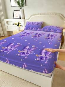 1PC Purple Butterfly & Rose Gold Glitter Print Fitted Sheet (Fitted Sheet Only, No Pillowcase), Floral Pattern Soft Bedding, Suitable For Bedroom, Guest Room, School Dorm, Easy To Remove & Machine Washable, All-Season Mattress Protector - Multicolor - View 5