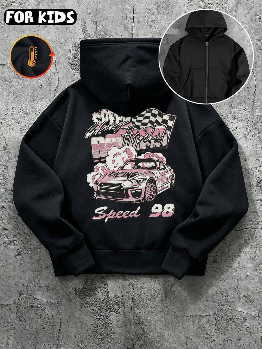 Kids Zip‑Up Fleece Hoodie, Cotton‑Blend, Pink Racing Car Checkered Flag Back Print, Loose Warm Jacket - Black - View 1
