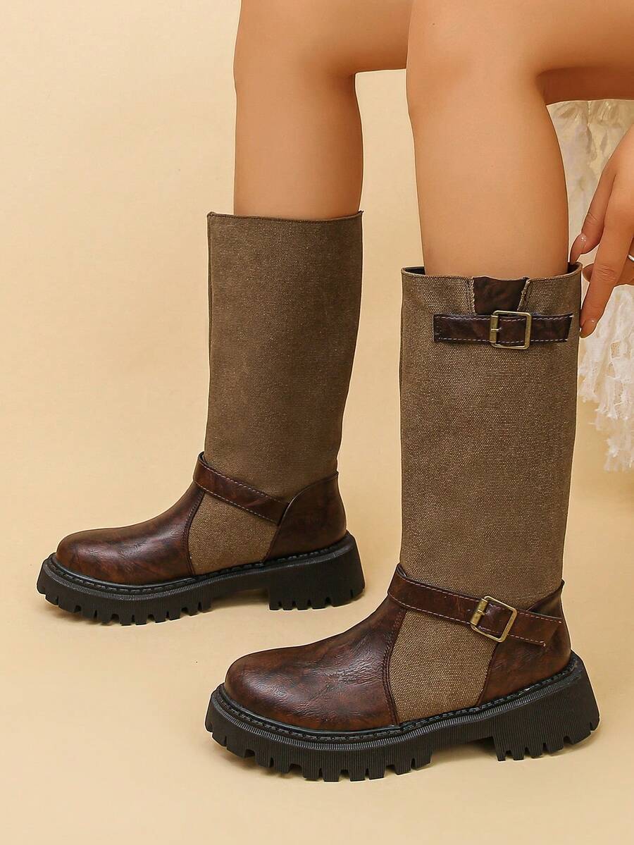 Women's Layered Style High-Shaft Boots, Loose Pleated Shaft, Chunky Heel Height Increase, Pointed Toe Design, Versatile For Pants And Skirts, Long Boots - Brown - View 1