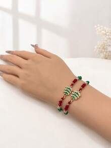 Christmas Beaded Charm Bracelet For Women With Santa Claus, Snowman, Reindeer, Bell, Wreath And Christmas Tree Design, Red And Green Holiday Jewelry - Multicolor - View 16