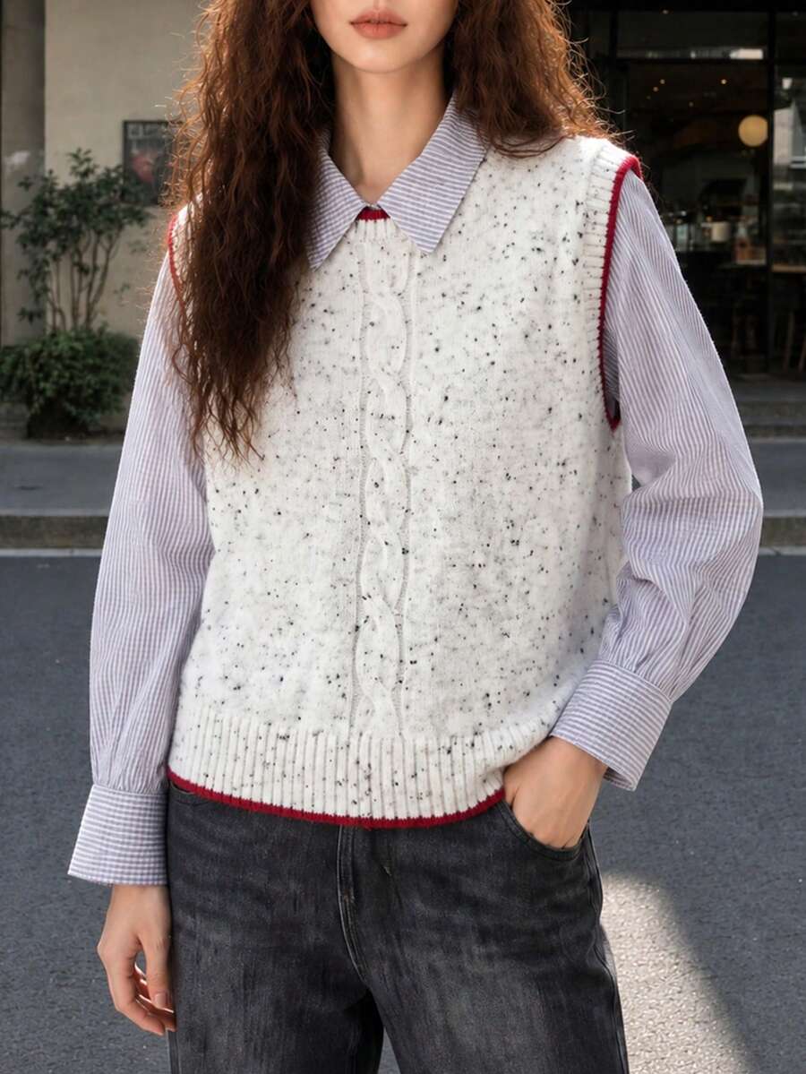 Women's Autumn Casual Minimalist Color Block Trim Crew Neck Pullover Sweater Vest - Red and White - View 1