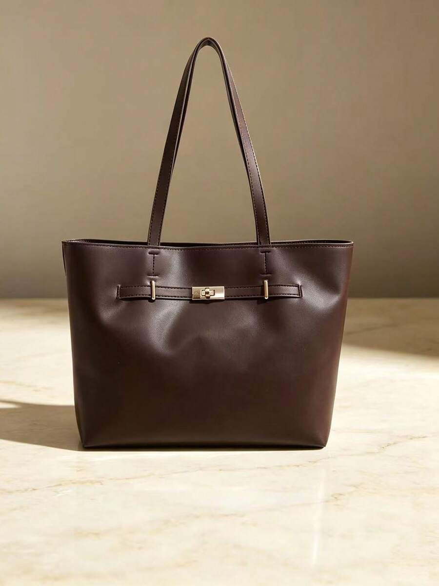 Women's Large Capacity Tote Bag, Metal Lock Decor Shoulder Handbag, Elegant Casual Work Daily Shopping Purse - Coffee - View 1
