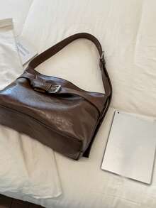 Women's Retro Oil Wax Leather Hobo Shoulder Bag, Buckle Decor Soft Underarm Purse, Casual Simple Daily Shopping Handbag - Brown - View 9