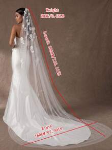 1pc 3D Floral Faux Pearl Long Trailing Lace Bridal Veil, Single Layer Short With Hair Comb, Waltz Length, Suitable For Cathedral Wedding, Wedding Photography, Civil Registration Headpiece - White -i - View 15
