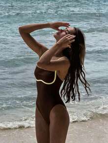 Polovedo Official New Spring/Summer Casual Sexy Elegant Women's Contrast Color Spaghetti Strap One-Piece Swimsuit, Suitable For Beach, Vacation, Party, And Dates - Coffee Brown - View 7