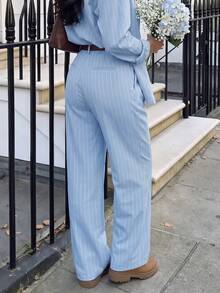 Aflion Women Summer Fall Light Blue Pinstripe Wide Leg Pants, High Waist Pleated Back Elastic Waist Casual Trousers With Pockets - Sky Blue - View 2