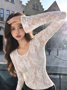 Solid Color Embroidered Sheer Frill Trim Vacation Sexy Style Self-Heating Lace Women's Inner Layer Brushed Fleece Embossed Lace Base Layer Top - White - View 5