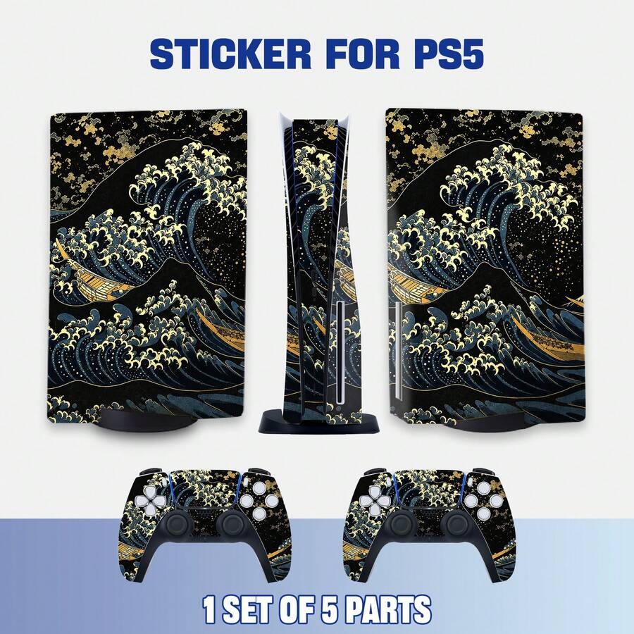 Vintage Art Wave Pattern Protective Stickers Compatible With PS5 Disc Edition, Full Set Console & Dual Controllers Skin, Waterproof Scratch-Resistant Removable Vinyl Gaming Accessories - View 1