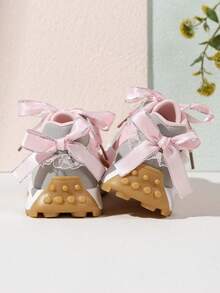 Girls' Colorblock Chunky Sneakers With Colorful Floral Embroidery, Lace Ribbon Bow, Lightweight Non-Slip Soft Sole Casual Sports Shoes - Pink - View 5