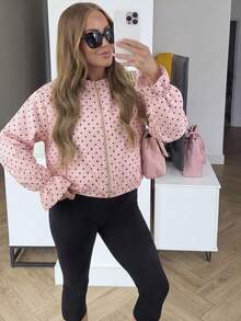 Cardigan Wanita Motif Polkadot Merah Muda, Desain Resleting Logam, Lengan Panjang Berkerut, Jaket Serbaguna untuk Kencan dan Perjalanan Musim Gugur/Dingin - Berwarna merah muda - View 10