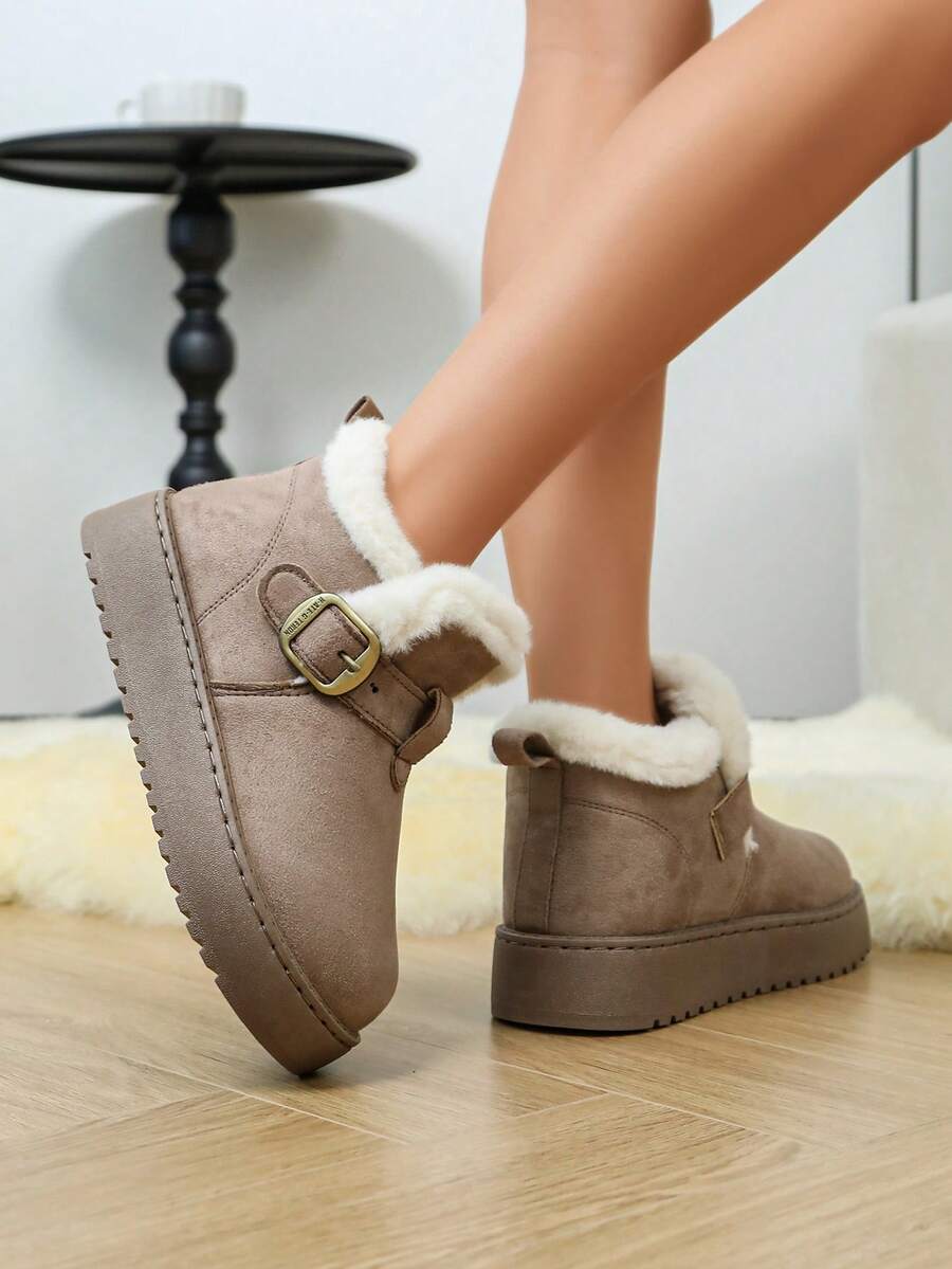 Sepatu Bot Musim Dingin Pendek Platform untuk Wanita, Bahan Suede Imitasi Warna Solid dengan Manset Bulu Halus dan Gesper Logam, Dekorasi Tali, dan Penutup Bulu Halus, - Khaki - View 1