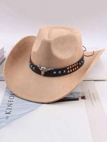Unisex Western Cowboy Hat, Suede Hat, Black Cowboy Hat, With Metal Bull Head Decoration, Turquoise Color Rivet Leather Strap, Windproof Chin Strap, Suitable For Rodeo, Festival Celebration, Party, Halloween Costume, Bohemian Style Party, Halloween Outfit And Commuting Travel Use. - Multicolor - View 5