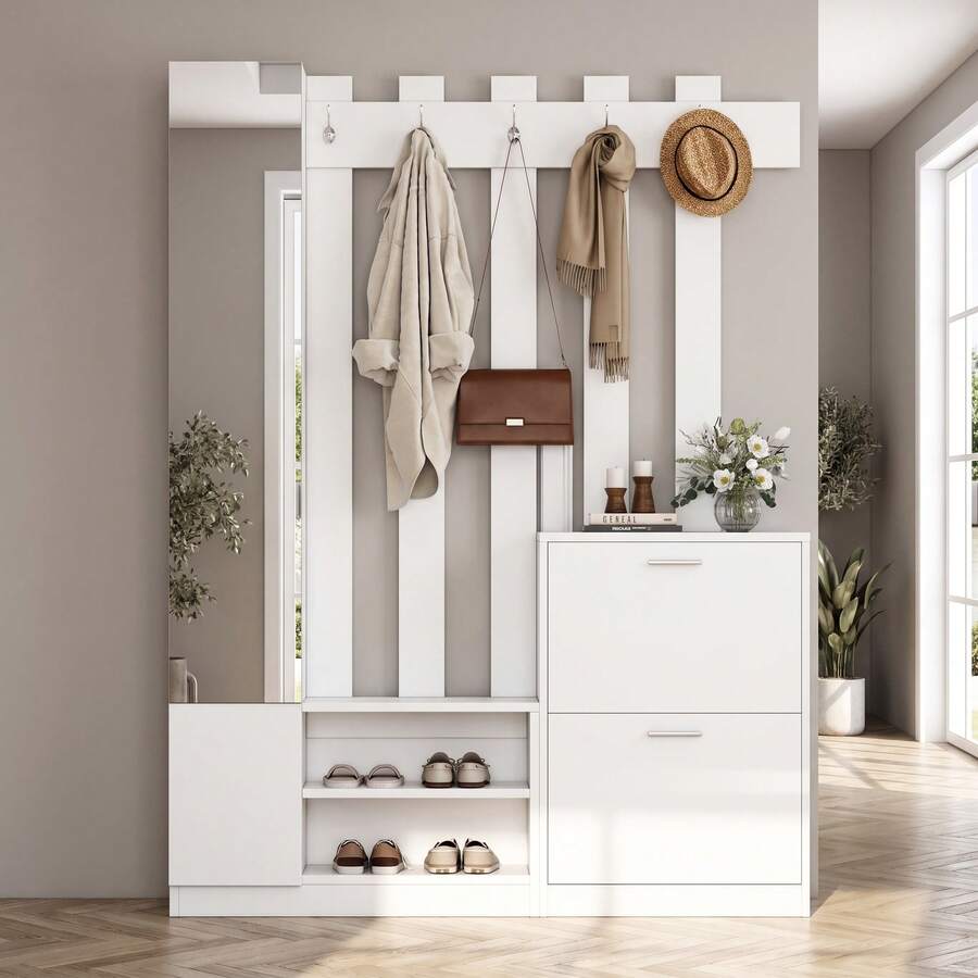 Coat Rack With 4 Tiers Shoe Rack, Storage Cabinet, 5 Coat Hooks And ...
