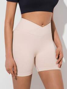 Women's Solid Color High Waist Ribbed Fitted Base Shorts - Apricot - View 6