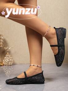 Women's Black Lace Mesh Mary Jane Shoes, Spring/Summer Breathable Hollow Out Single Strap Soft Sole Fairy Style Low Vamp Versatile Comfortable Shoes - Black - View 2