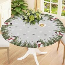 1pc Christmas Tree Snowman Round Tablecloth, Christmas Tablecloth With Elastic Edge, Soft And Wrinkle-Resistant, Waterproof, Oil-Resistant, Scratch-Resistant, Suitable For Round Dining Table, Outdoor Restaurant Decoration And Outdoor Party, Kitchen, Baking, Outdoor Decor, Outdoor Patio, Breakfast, Brunch And Party Decoration - Multicolor - View 2