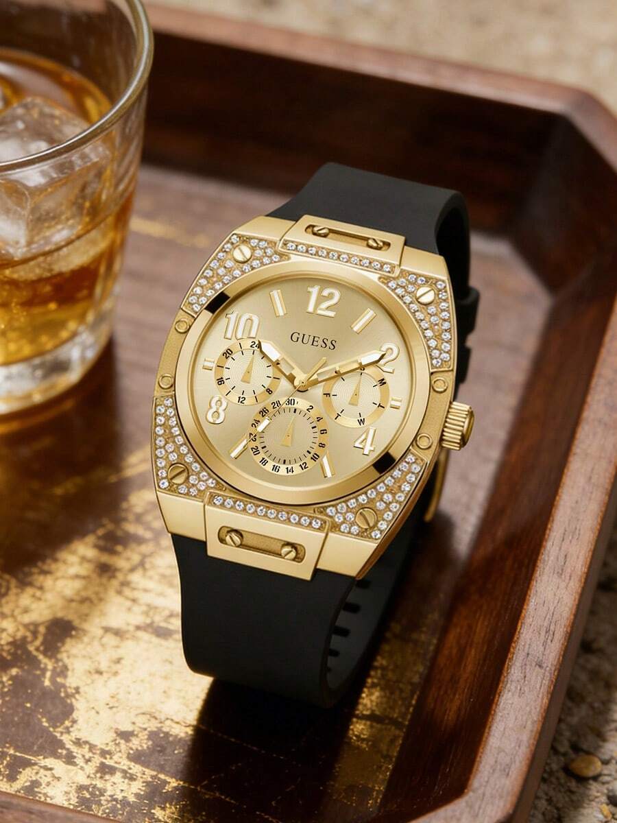 Guess Men's Shock-Resistant Quartz Watch With Champagne Multifunction Dial, Large Arabic Numerals, Black Silicone Strap, Luxury Sport Lifestyle Chronograph - Gold - View 1