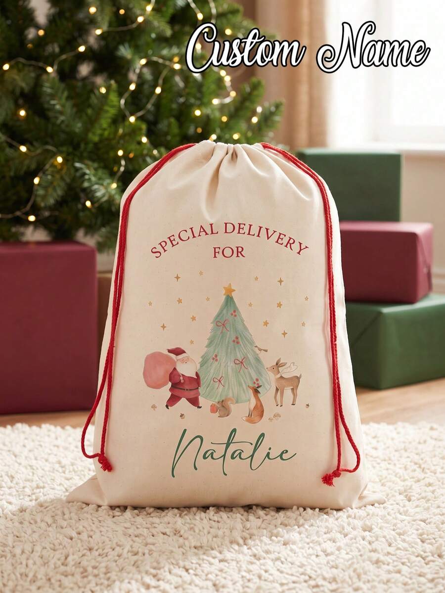 1pc-Original Santa Claus Bag, Customizable Santa Claus Shopping Bag, First Christmas Gift Bag, Christmas Eve Gift Box, Special Delivery Christmas Gift Bag, High-End Customized Santa Claus Bag, Large Drawstring Christmas Canvas Gift Bag, Letter Combination Drawstring Bag, Personalized Letter Combination, Drawstring Christmas Gift Bag, Reusable Large Canvas Santa Claus Bag, Suitable For New Year And Christmas Party Supplies - Multicolor - View 1