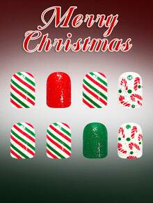 24pcs Short European-Style Square Fake Nails, Christmas Red And Green Striped Candy Cane With Polka Dots And Glitter, Full Coverage Removable Nail Set, Suitable For Parties, Proms, And Everyday Wear. - Multicolor - View 4