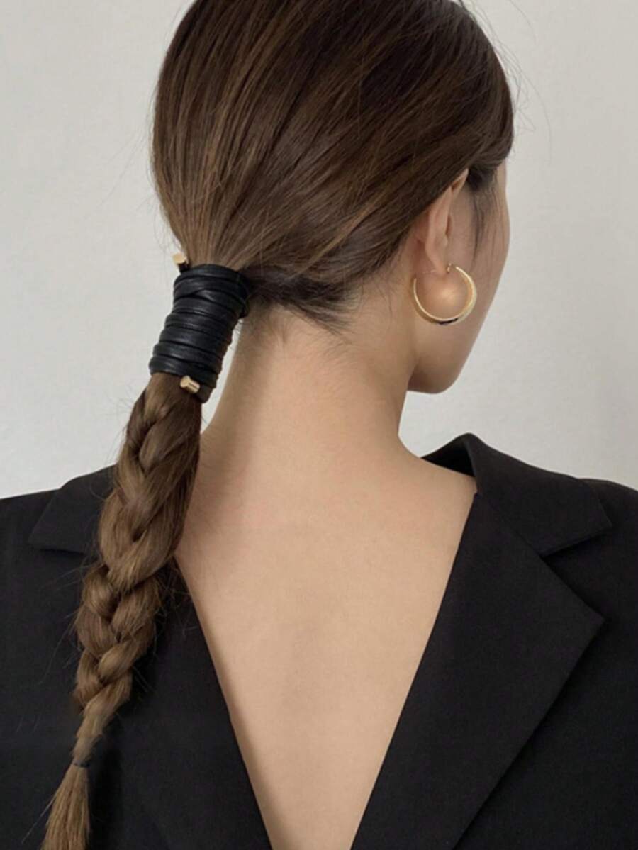 1pc Leather Wrapped Hair Tie Suitable For Low Ponytail Hair Rope - Black - View 1