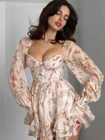 Elegant Vintage Floral Mini Party Dress, Romantic Long Sleeve Heart Neckline, Palace Style Vintage Pleated Crop Top With Ruffle Hem, Semi-Transparent Woven Fabric, Nightclub Party Cocktail, Sexy Charm. Halloween Christmas Evening Party Dress Skirt