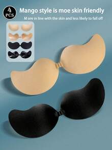 4pcs (2 Black + 2 Nude) Women's Self-Adhesive Silicone Invisible Bra Pads, Strapless Backless Push-Up Cups With Soft Fabric Surface For Weddings - Multicolor - View 9