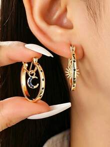 1 Pair Retro Asymmetric Crescent Moon & Sun Rhinestone Earrings, Women's Celestial Hoop Earrings, Jewelry Accessories - Multicolor - View 3