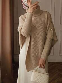 2026 New Autumn/Winter High Neck Fashion Women's Clothing, Women's New Asymmetrical Cape-Style High Neck Sweater, Loose Fit Sweater, Vintage Elegant, Daily Street Fashion Elegant Commute Business Casual, Outwear, Winter Thick Warm Sweater. Khaki Color Sweater, Halloween Costume, Christmas Costume - Apricot - View 7