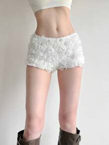 Top Dazzle Women's White Floral Mini Shorts, Glamorous Knit Fabric Straight Leg, Slight Stretch, Create Fashionable Look - White - View 4