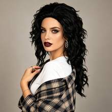 Heat Resistant Synthetic Black Curly Wig, Retro Fluffy Long Wavy Wig, Natural Looking Fake Hair For Fashion Daily Halloween Disco Punk Costume Themed‑Party Cosplay & Photo Shoot - Black - View 5