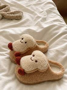 Winter Indoor Plush Slippers For Women, Slip-On Cartoon 3D Bread Toast Plush Decor, Bedroom Fuzzy Couple Slippers For Men And Women, Holiday Fun Slippers - Khaki - View 6