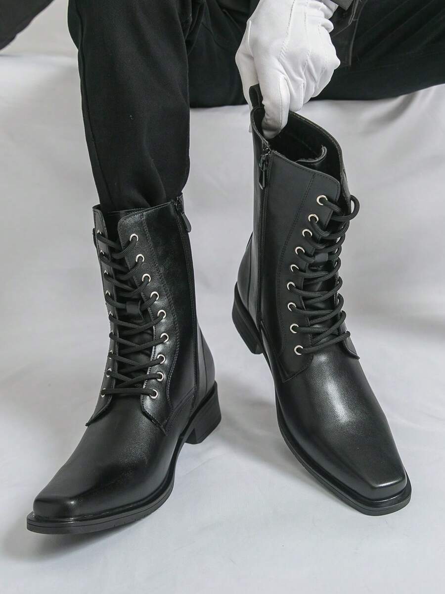 Sepatu Bot Pria Bertali Ujung Persegi Kulit Mengkilap Resleting Samping Jahitan Rapi Tumit Tebal Bentuk Terstruktur Garis Bersih Cocok untuk Pernikahan dan Pesta - Hitam - View 1