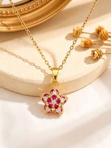 Gold Plated Colorful Zirconia Clover Heart Flower Oval Star Charm Necklaces, Dainty Sparkly Layerable Neck Jewelry For Women Daily Party Gift - Gold - View 19