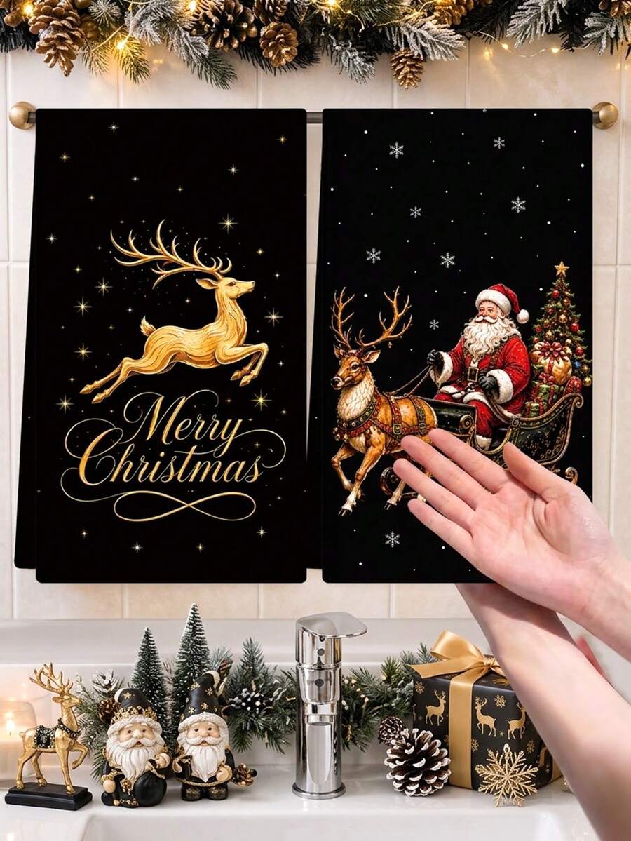 2件裝聖誕黑色與金色餐巾，聖誕老人、馴鹿與雪橇圖案，40*48cm聖誕快樂手巾，浴室毛巾，廚房清潔布，聖誕毛圈布，聖誕快樂，聖誕裝飾，聖誕裝飾品，假日派對桌飾，廚房浴室裝飾，冬季家居裝飾，聖誕禮物
