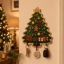 Christmas Tree Shaped Wooden Key Hook, 3-Hook Holiday Wall Decor, Used For Hanging Keys, Bags, Hats, Coats, Rustic Winter Entryway Home Decor - Multicolor - View 3