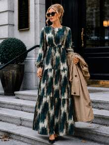 Plus Size Navy Blue Abstract Print Tie-Waist Maxi Dress With Long Sleeve - Green - View 3