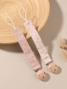 2pcs Baby Corduroy Solid Color Fashion Printed Pacifier Anti-Drop Chain, Solid Color Blue Pink Khaki Bow Pacifier Chain, Wooden 3-Hole Pacifier Clip, Suitable For Daily Use - Multicolor - View 14