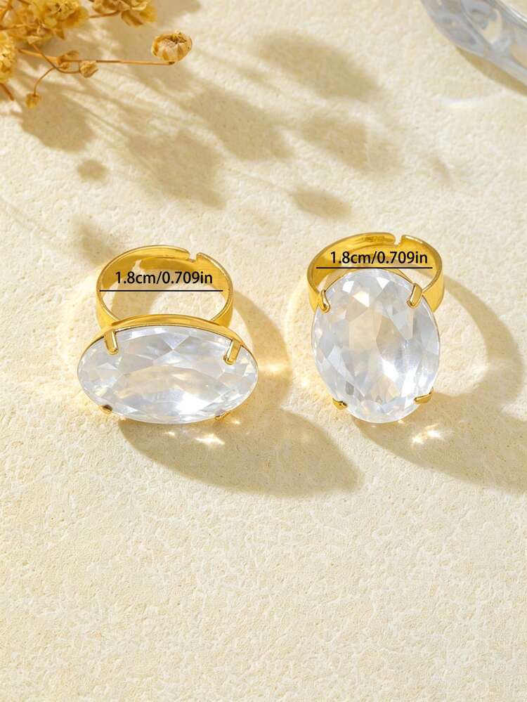 2pcs/Set Elegant Vintage Luxury White Oval Rhinestone Inlaid Women's Ring Set, Suitable For Gifts, Party And Daily Wear - Oval White - View 6