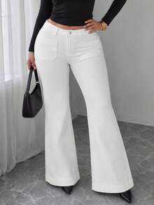 Plus-Size Women's Casual Flared Jeans With Pockets And Buttons, Perfect For Everyday Wear, Especially For Prom Or Halloween. - White - View 4