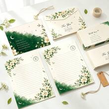 8pcs/Set (4 Envelopes + 4 Sheets) Green Branch Star Moon Floral Envelope & Letter Paper Set, Fresh Atmosphere Stationery For Journaling And Handwriting, Decorative Invitation Set, Creative Supplies For Students, Office And Campus Party - Green Branch Moon Letter - View 8