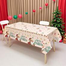 Santa Claus Print Rectangular Tablecloth, Vintage Beige Merry Christmas Snowflake Hanging Decor Pattern Dining Table Cover, Suitable For Christmas Dinner, Family Gathering, Holiday Party, Kitchen And Dining Room Decoration - View 3