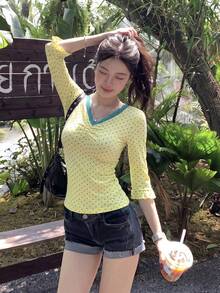 Korean Style Casual Polka Dot Lace Slim Fit T-Shirt - Yellow - View 4