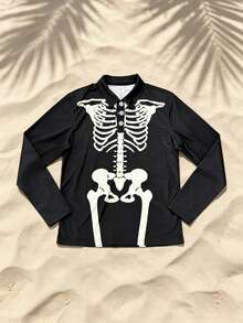 Men's Long Sleeve Polo Shirt, Full Skeleton Ribcage Print Halloween Polo, Button Collar Casual Graphic Tee For Party Streetwear - Multicolor - View 5