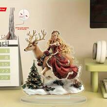 Christmas 2D Acrylic Flat Ornament, Blonde Princess Riding Golden Horned Reindeer With Christmas Tree And Snowy Landscape Scene, Holiday Desktop Decoration Home Gift - A - View 1