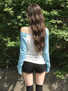 Women's Colorblock Raglan Long Sleeve Casual Versatile T-Shirt - Blue and White - View 11